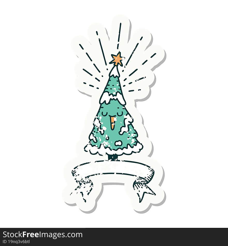 grunge sticker of tattoo style happy christmas tree