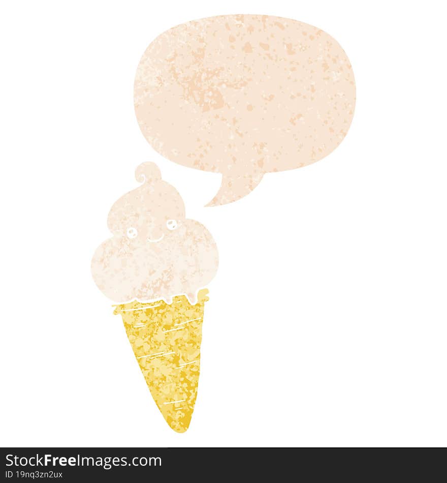 Cartoon Ice Cream And Speech Bubble In Retro Textured Style