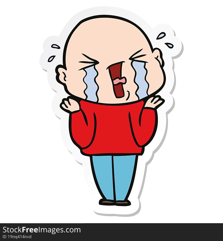 Sticker Of A Cartoon Crying Bald Man