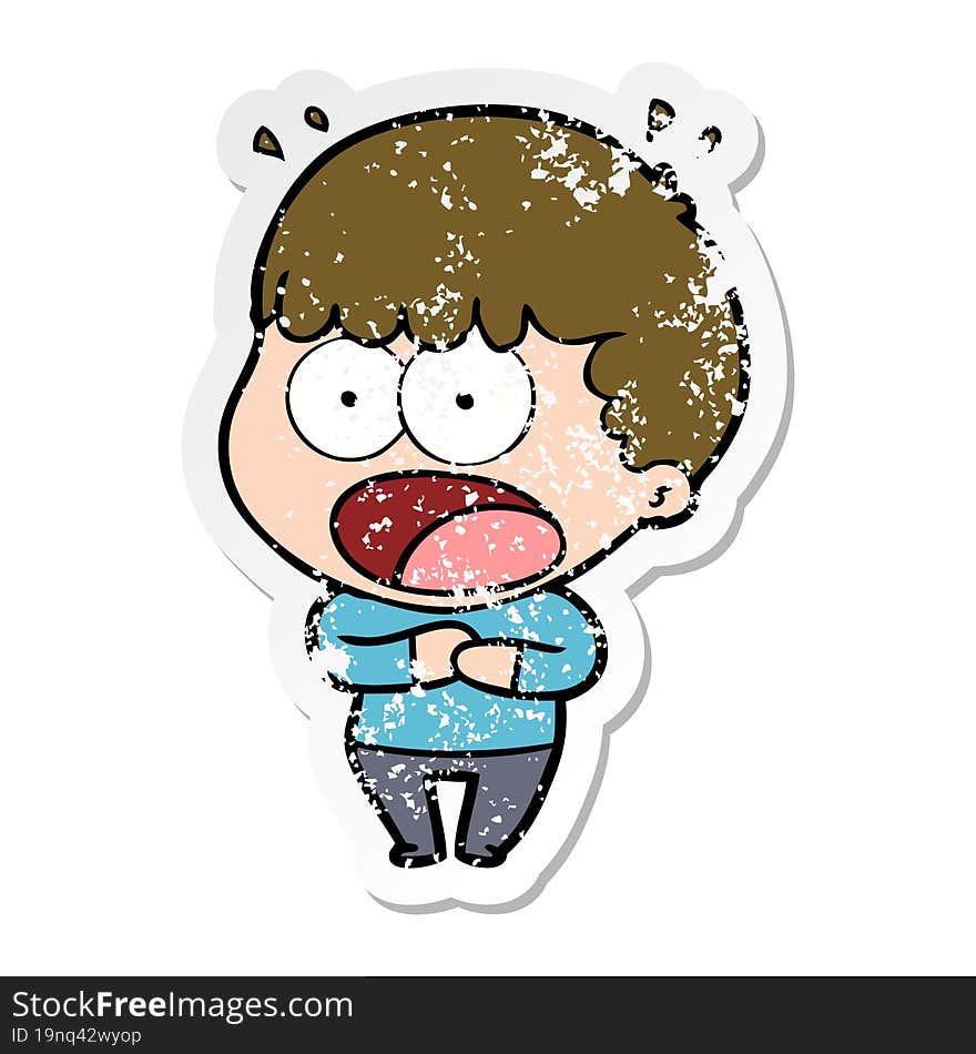 distressed sticker of a cartoon shocked man