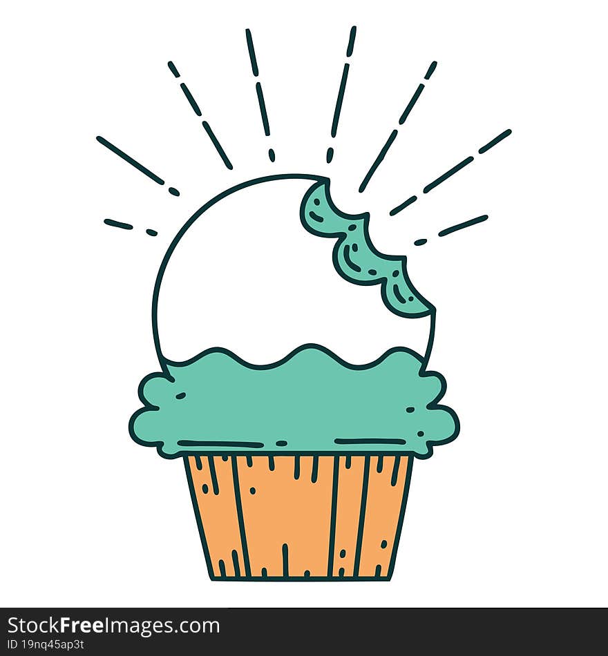 illustration of a traditional tattoo style cupcake with missing bite