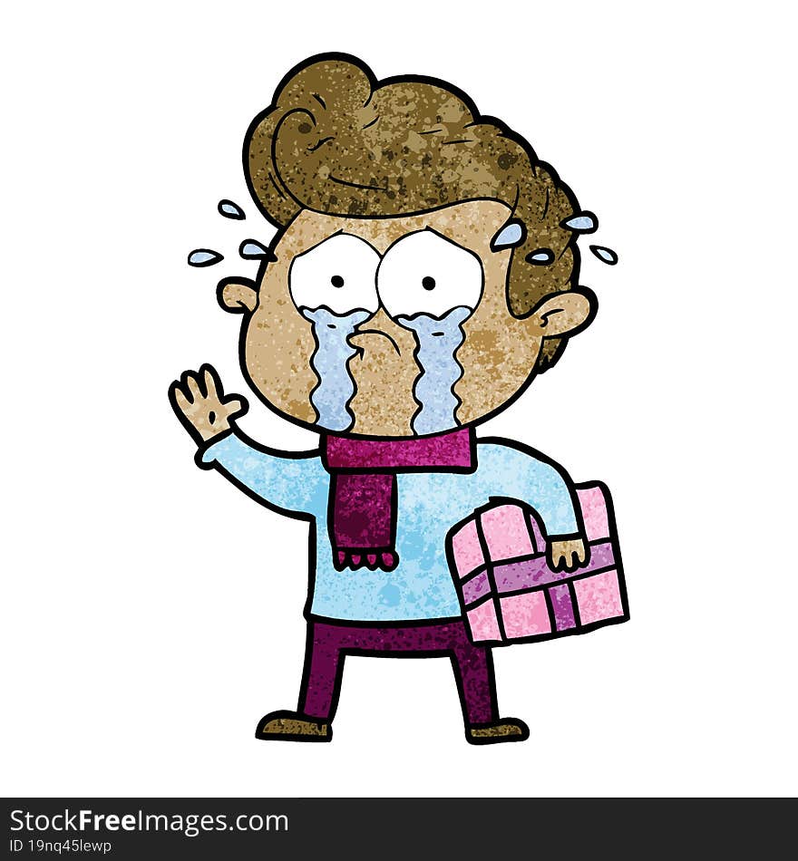 cartoon crying man with present. cartoon crying man with present