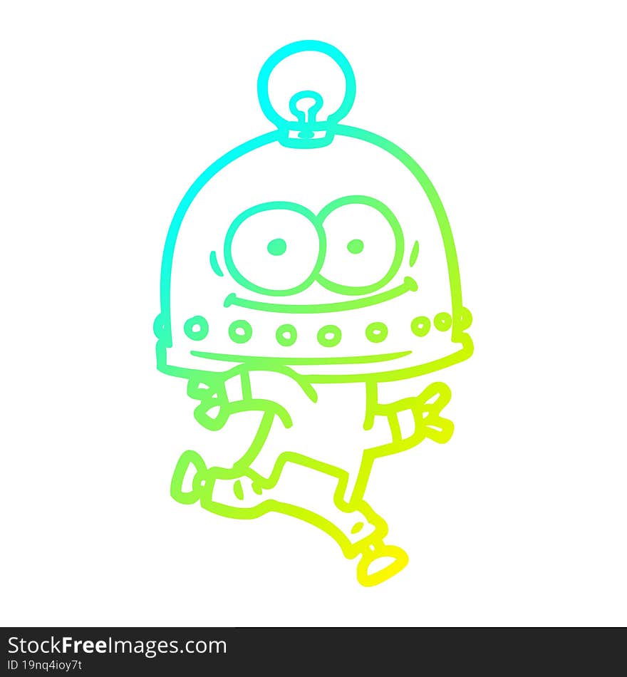 cold gradient line drawing of a happy carton robot with light bulb