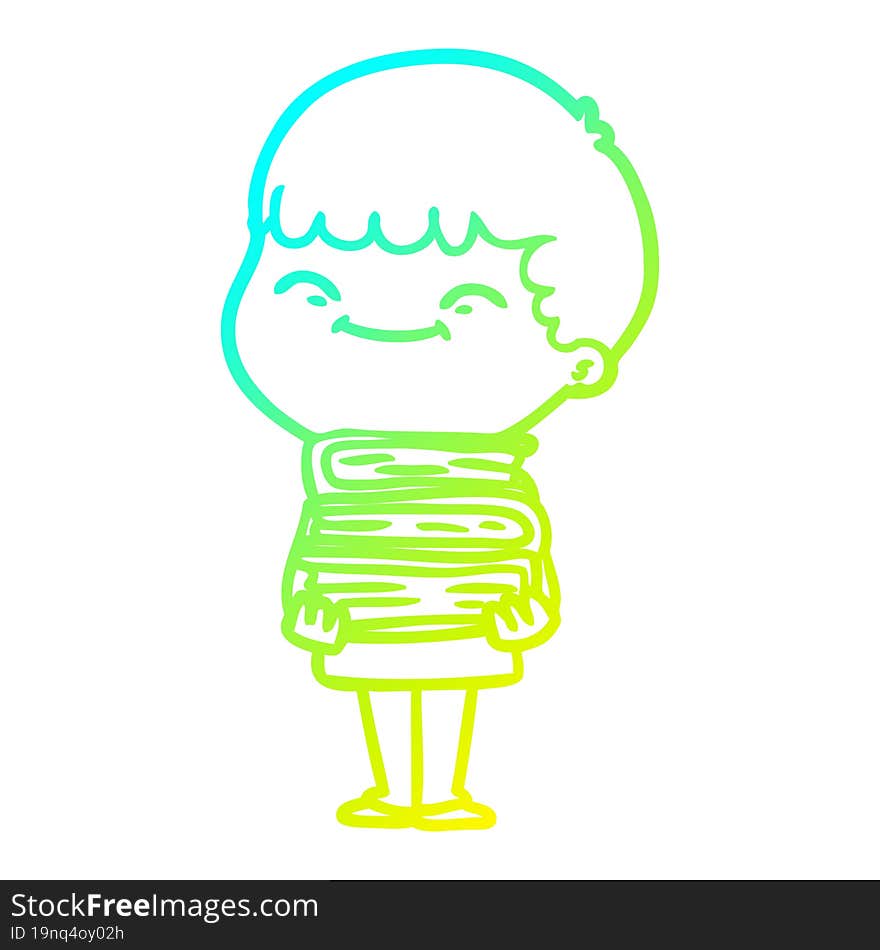 Cold Gradient Line Drawing Cartoon Happy Boy With Books