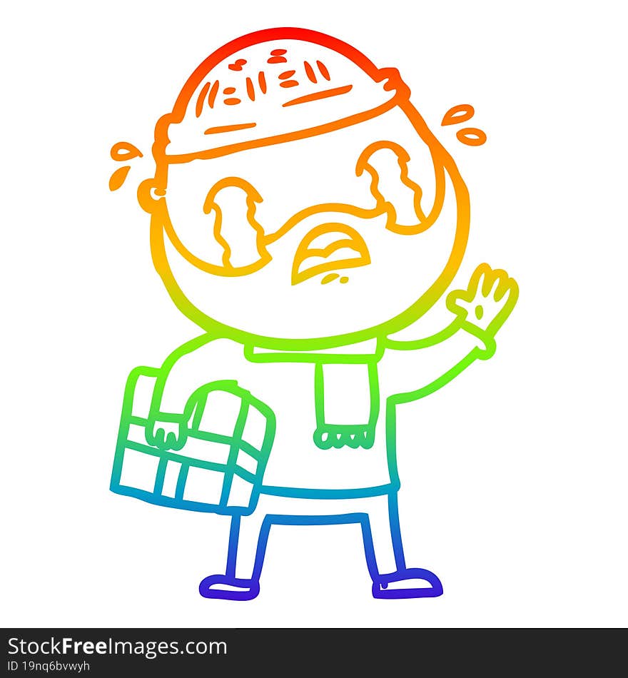 rainbow gradient line drawing of a cartoon bearded man crying with christmas present