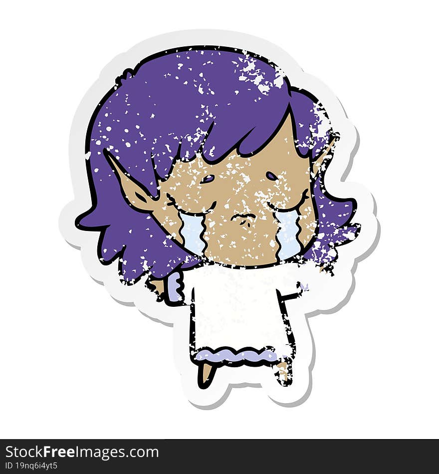 distressed sticker of a cartoon crying elf girl