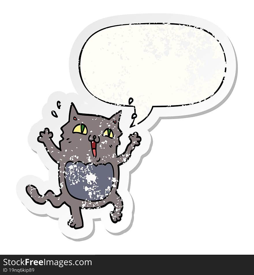 cartoon crazy excited cat with speech bubble distressed distressed old sticker. cartoon crazy excited cat with speech bubble distressed distressed old sticker