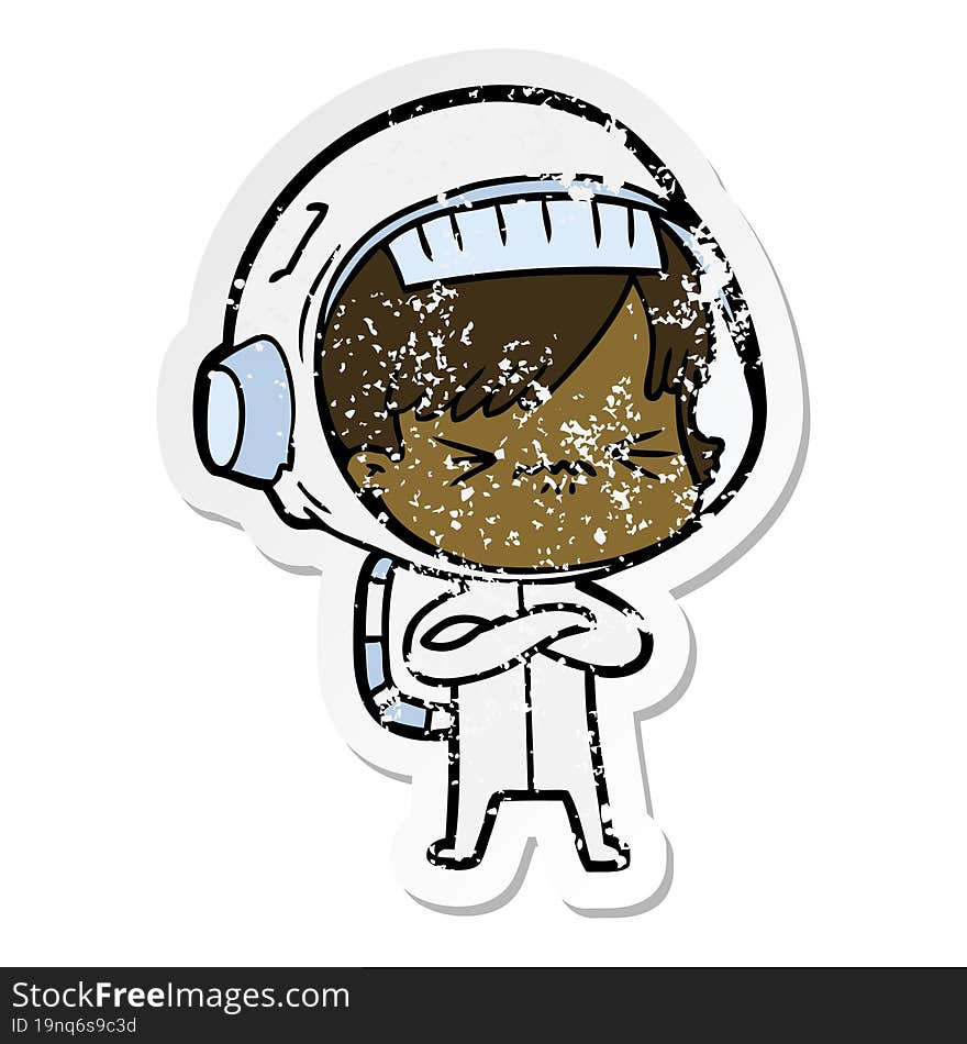 distressed sticker of a cartoon astronaut woman