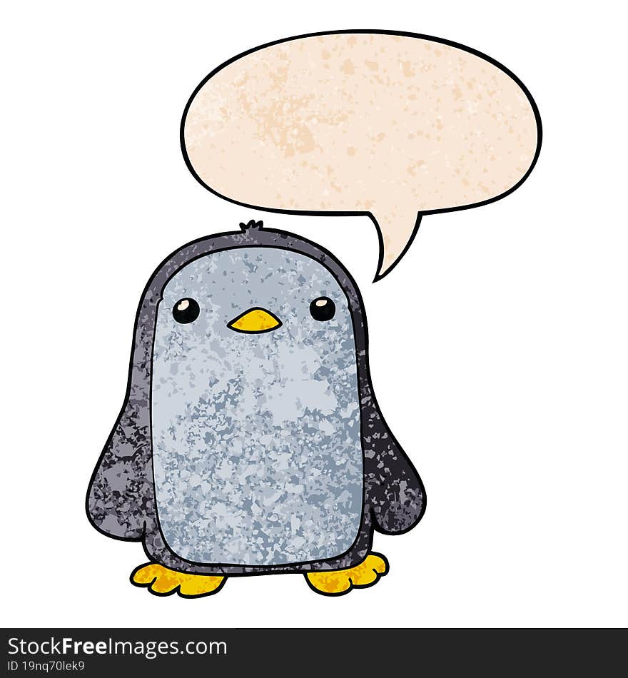 Cute Cartoon Penguin And Speech Bubble In Retro Texture Style