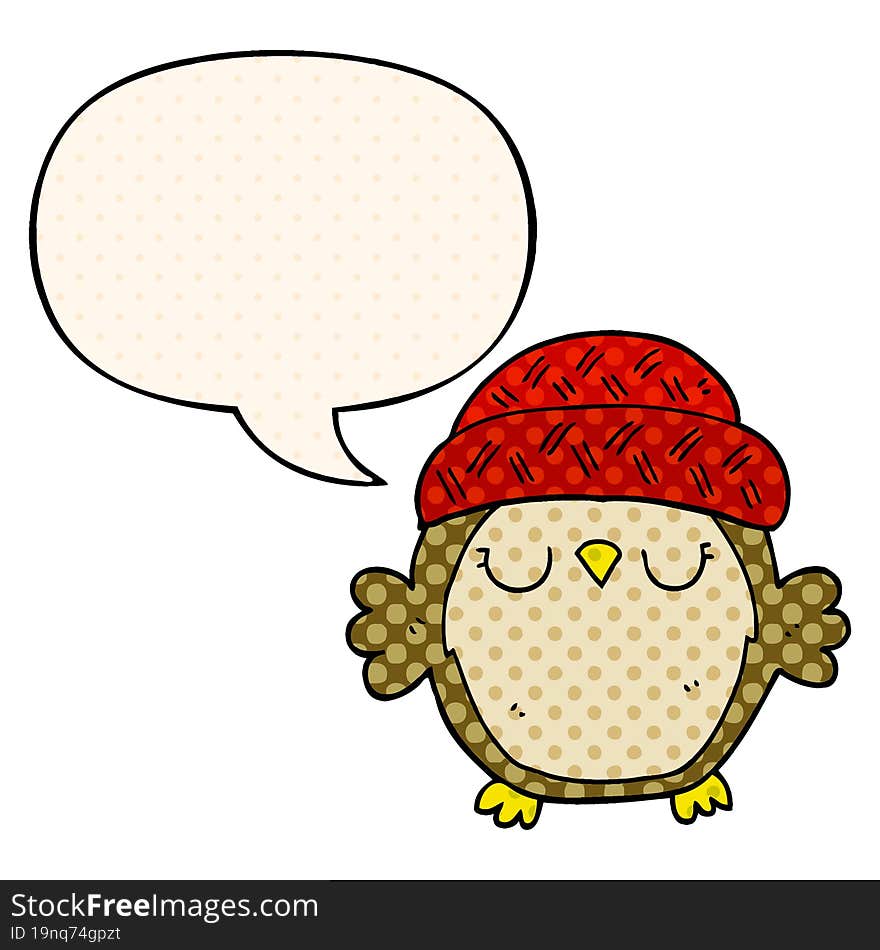 cute cartoon owl in hat and speech bubble in comic book style