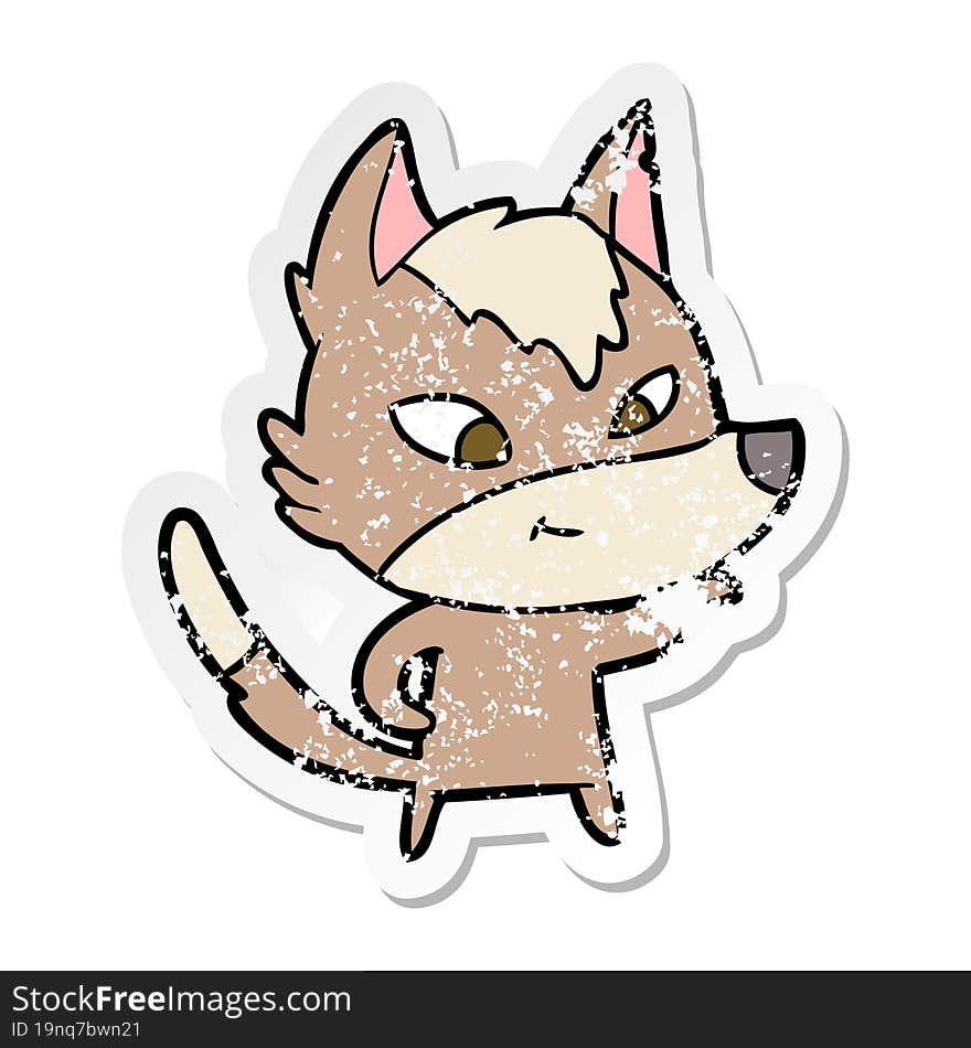 distressed sticker of a friendly cartoon wolf