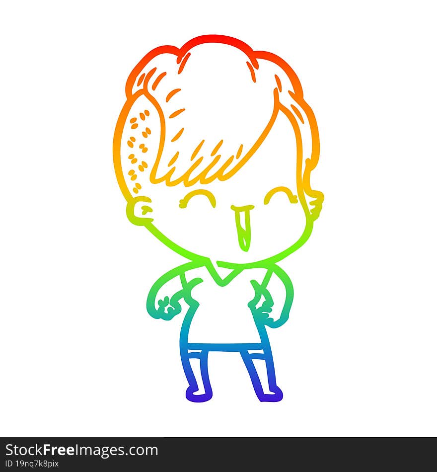 Rainbow Gradient Line Drawing Cartoon Happy Hipster Girl