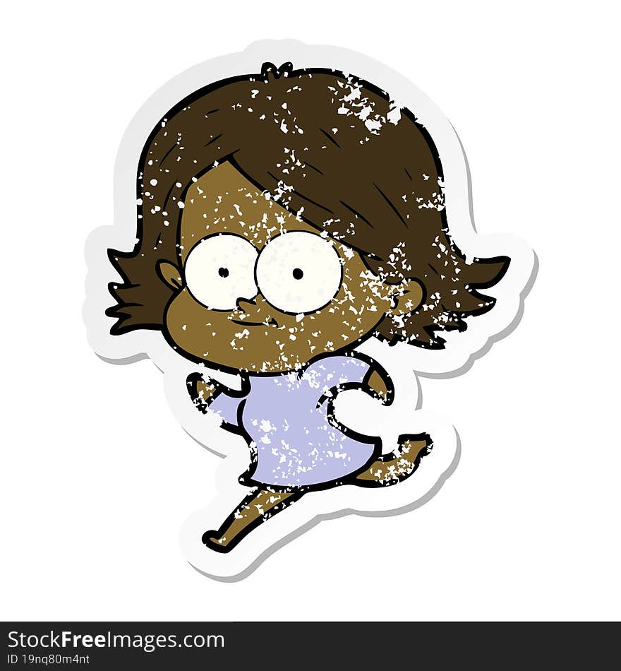 distressed sticker of a happy cartoon girl