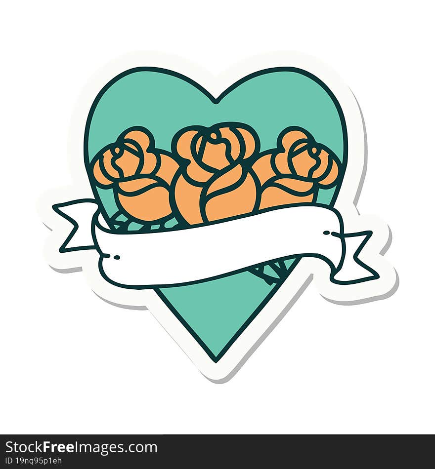 sticker of tattoo in traditional style of a heart and banner with flowers. sticker of tattoo in traditional style of a heart and banner with flowers