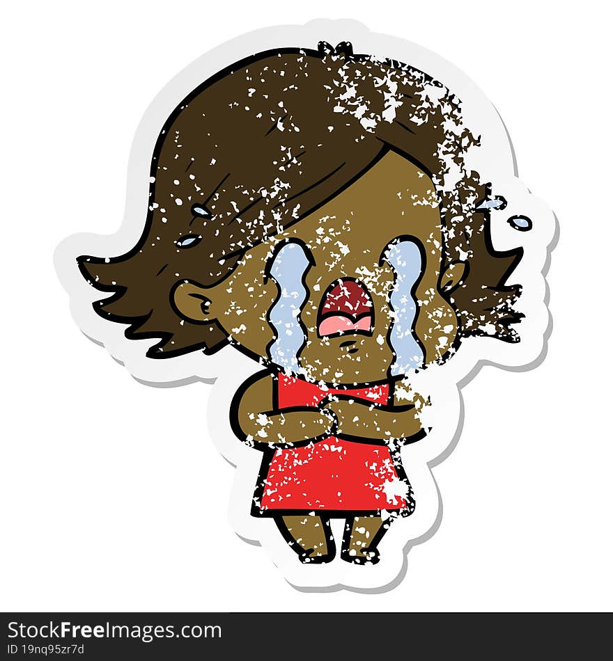 distressed sticker of a cartoon woman crying