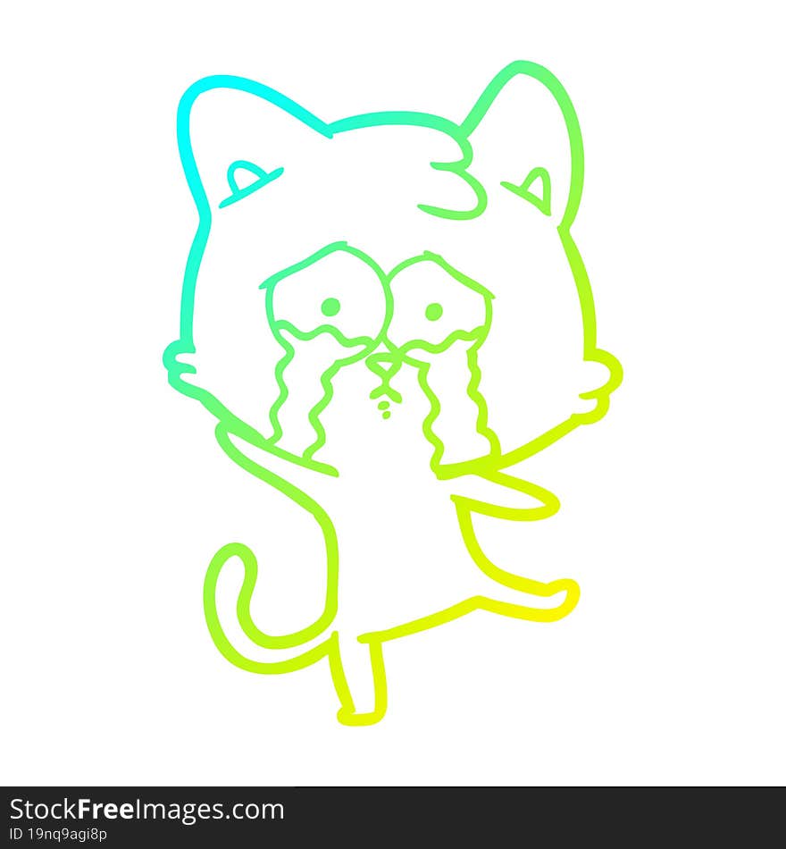 Cold Gradient Line Drawing Cartoon Crying Cat