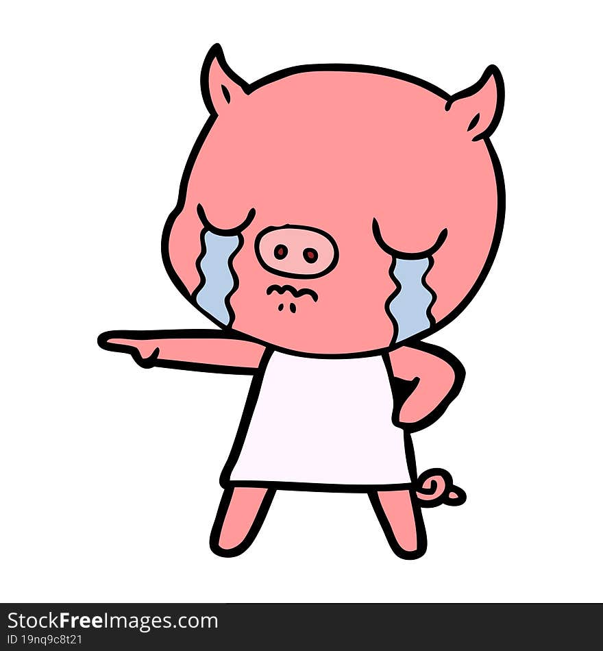 cartoon pig crying pointing. cartoon pig crying pointing