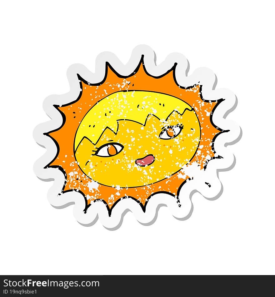 retro distressed sticker of a cartoon pretty sun