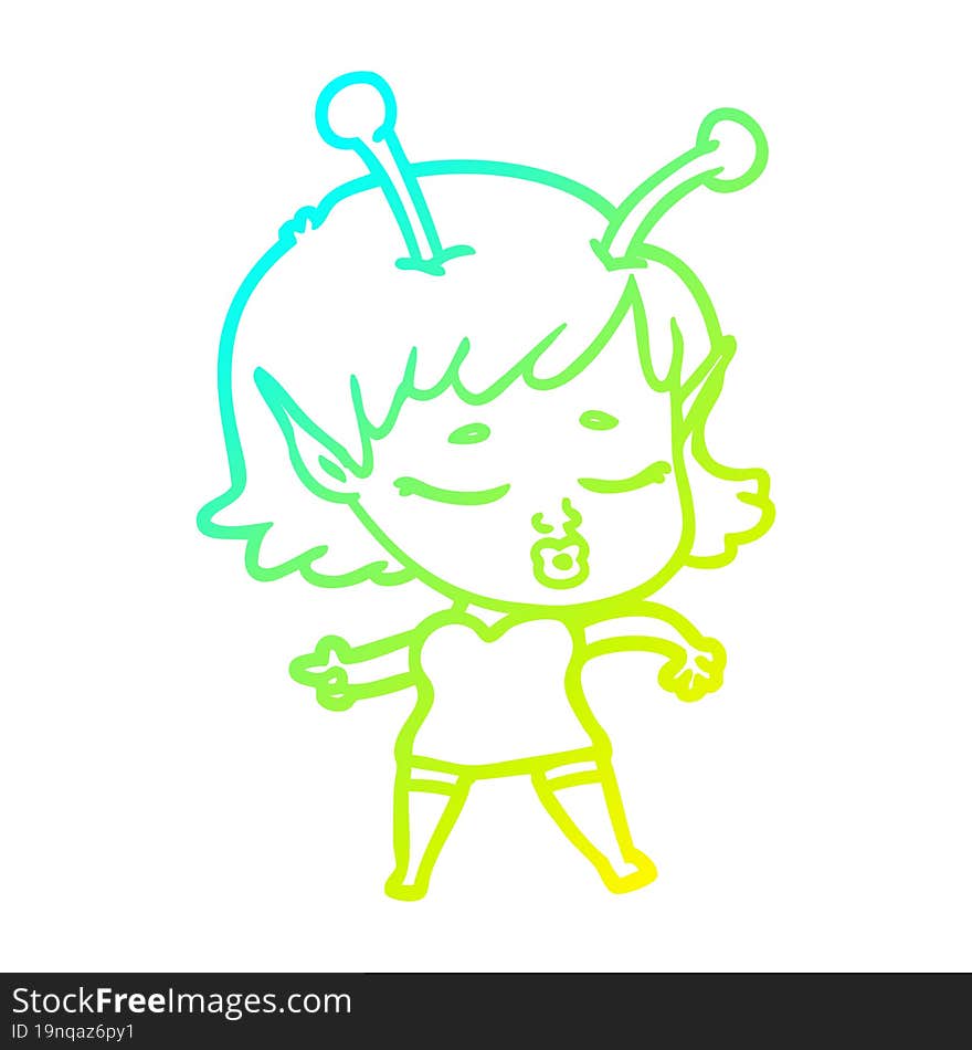 cold gradient line drawing of a cartoon alien girl