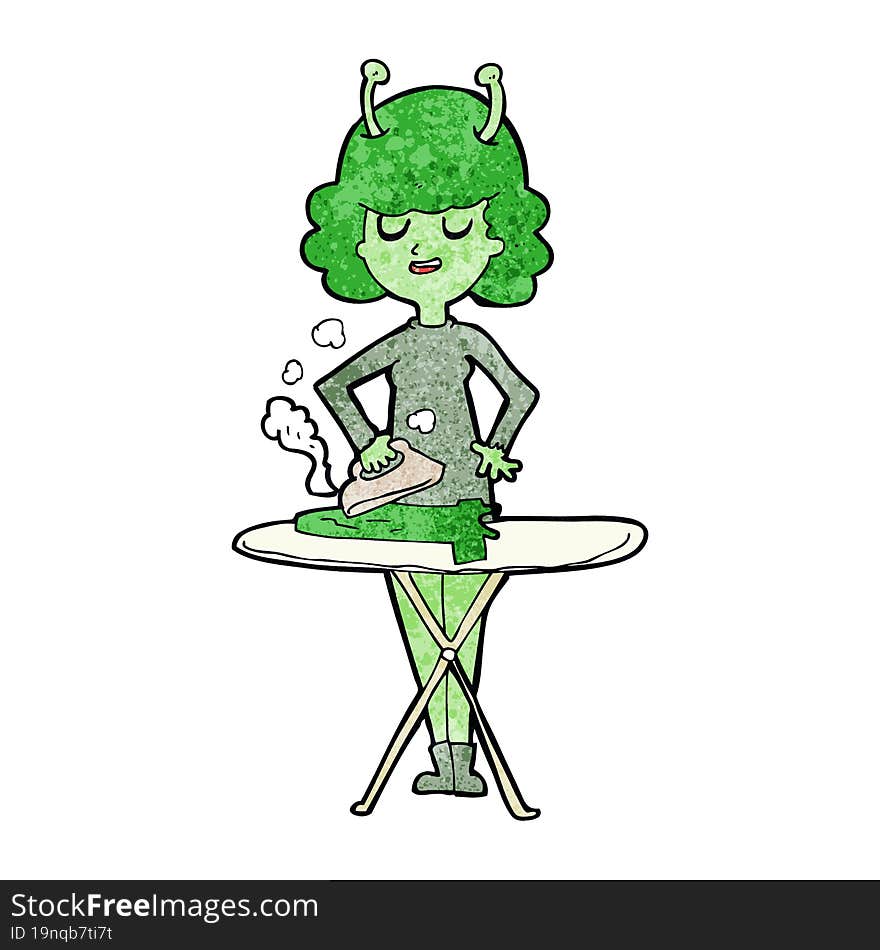 Cartoon Alien Woman Ironing