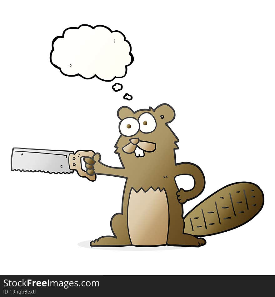 freehand drawn thought bubble cartoon beaver with saw