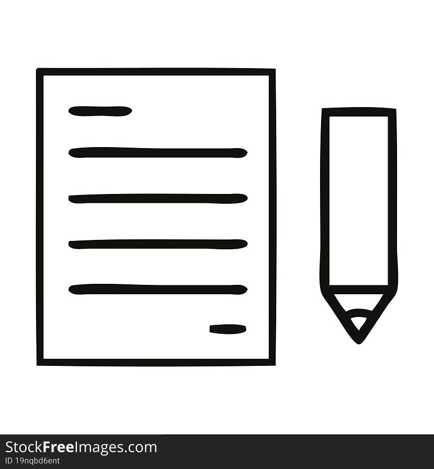 line drawing cartoon of a pencil and paper