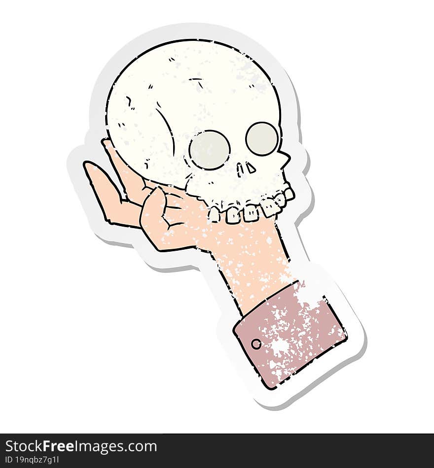 distressed sticker of a cartoon hand holding skull