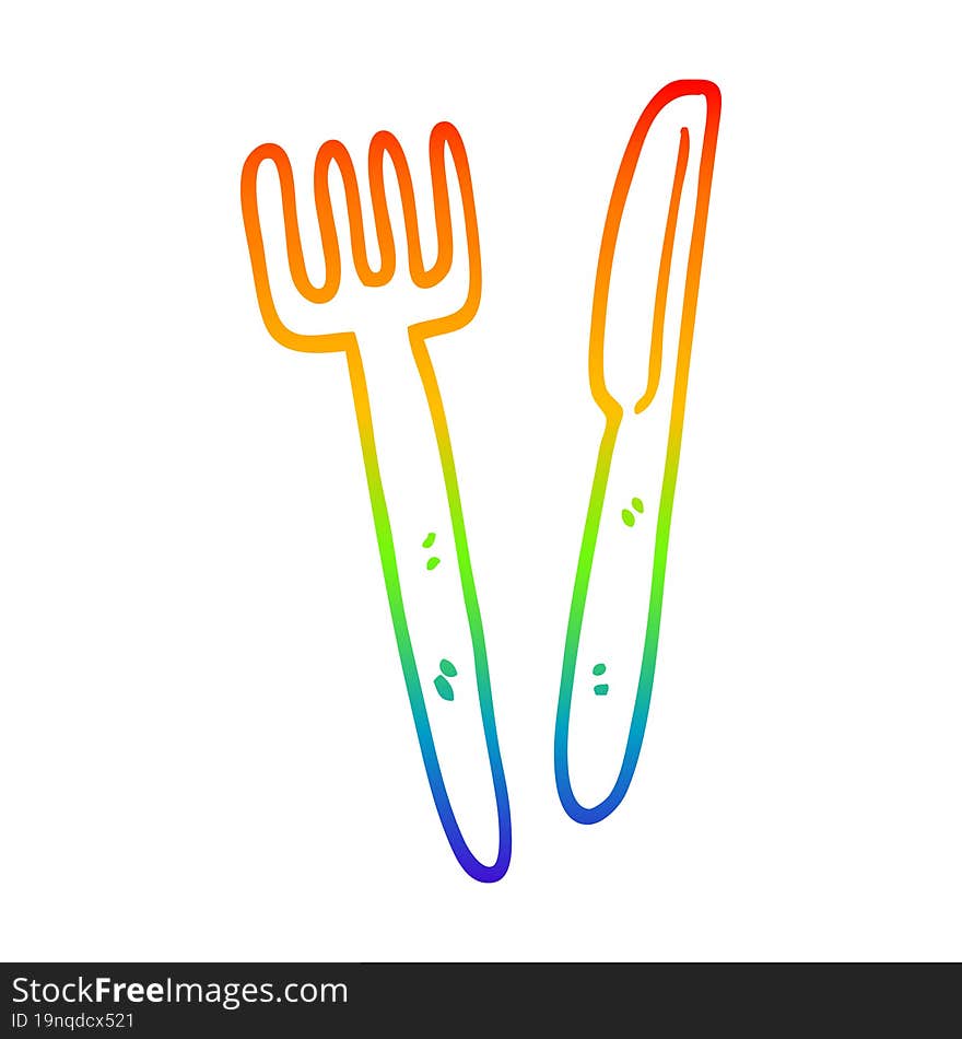 rainbow gradient line drawing cartoon knife and fork