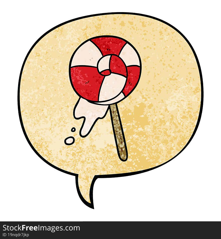 cartoon traditional lollipop and speech bubble in retro texture style