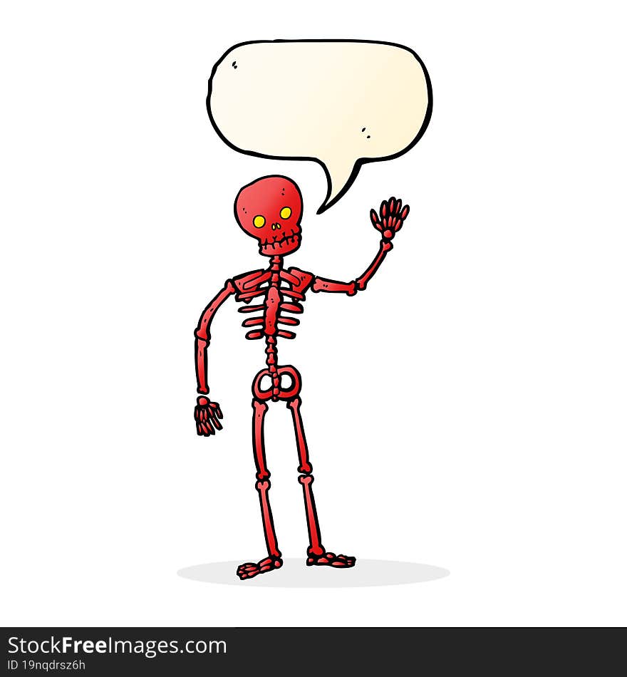 cartoon waving skeleton with speech bubble