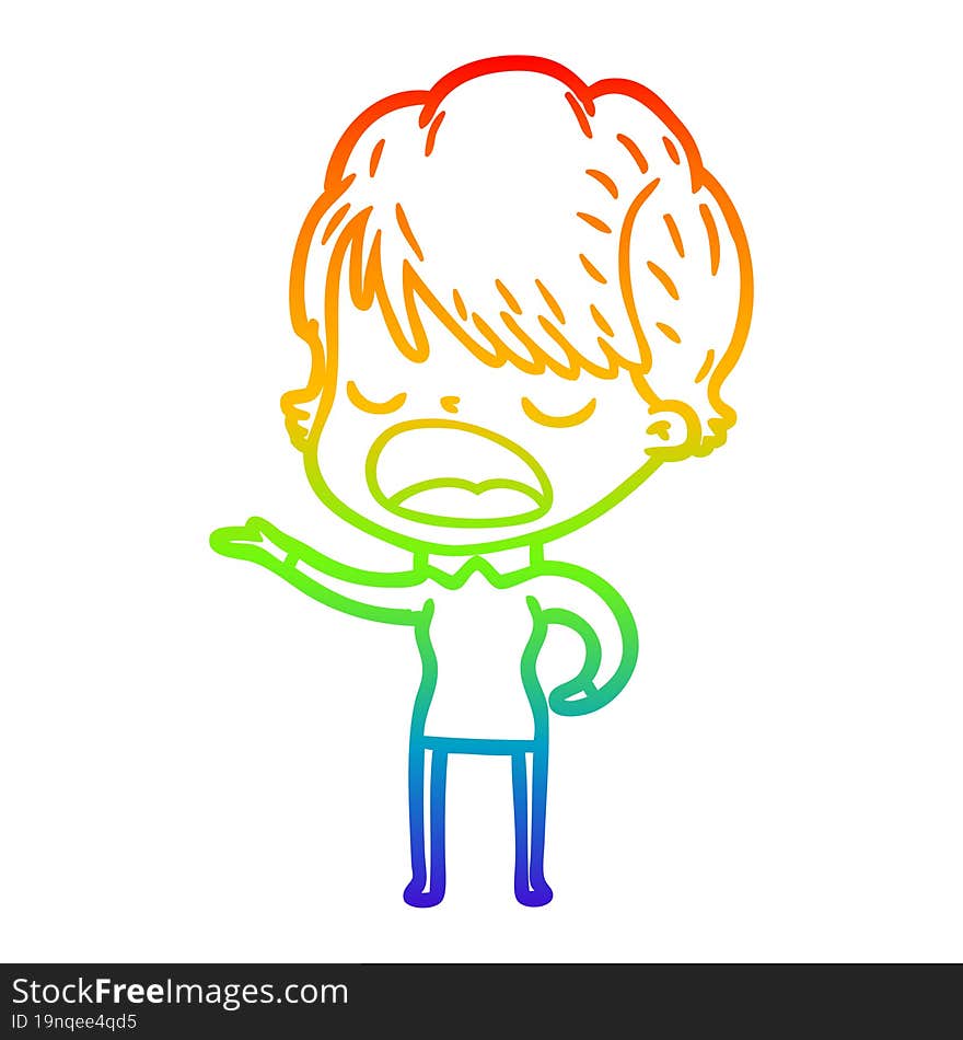 rainbow gradient line drawing of a cartoon woman talking