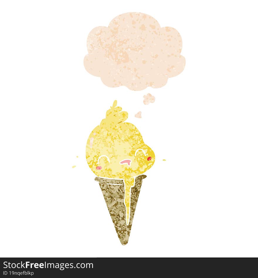 cute cartoon ice cream and thought bubble in retro textured style