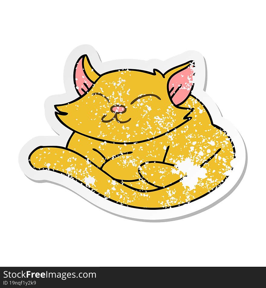 distressed sticker of a quirky hand drawn cartoon cat