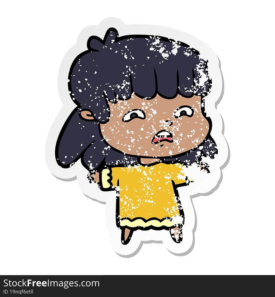 distressed sticker of a cartoon worried woman