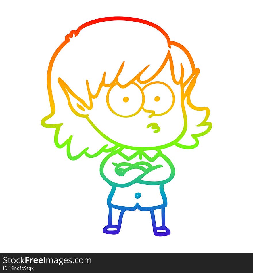 Rainbow Gradient Line Drawing Cartoon Elf Girl Staring