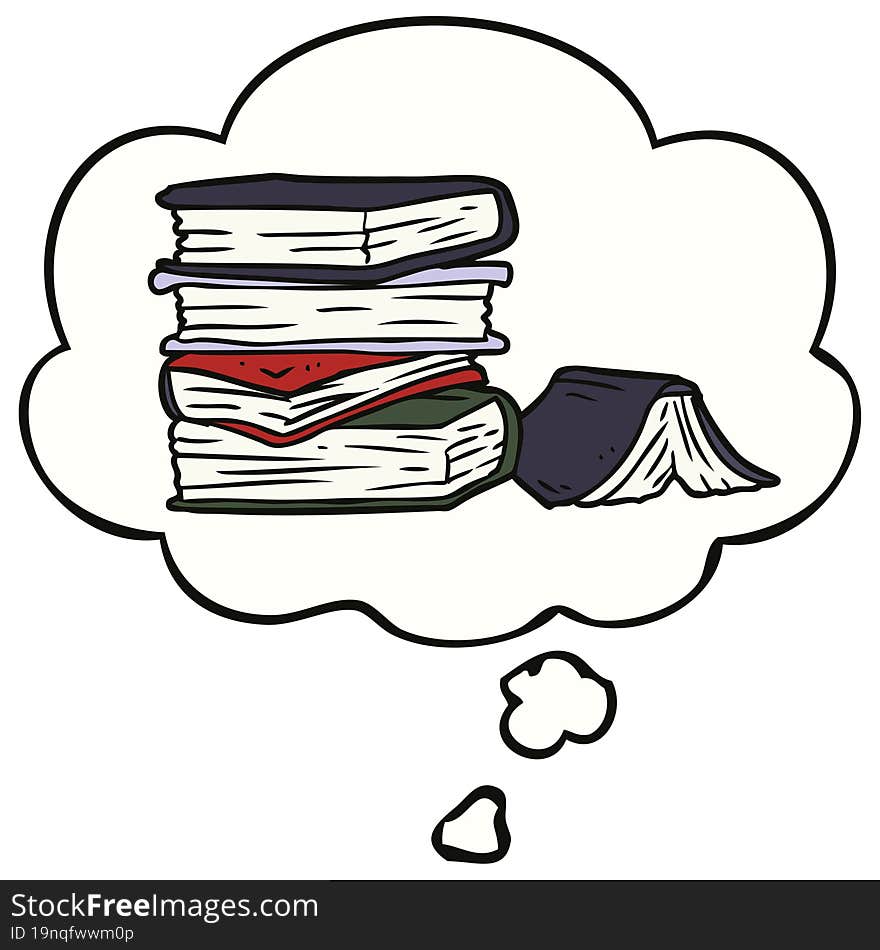 cartoon pile of books with thought bubble. cartoon pile of books with thought bubble