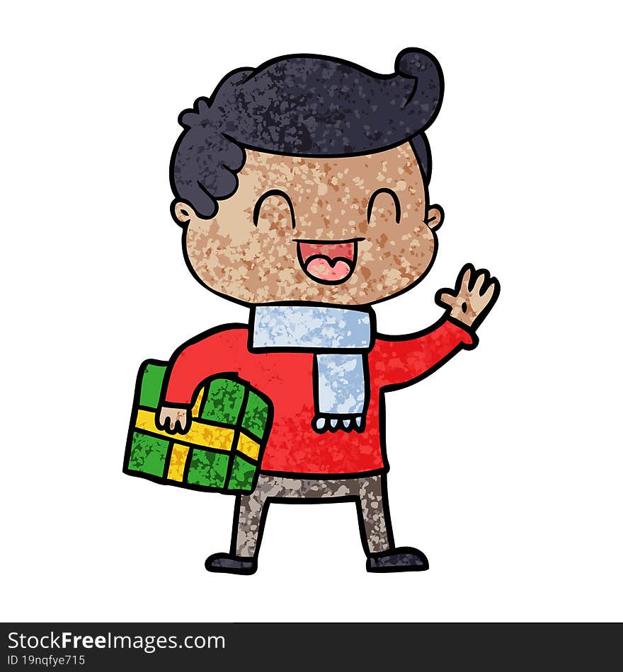 cartoon laughing man holding gift. cartoon laughing man holding gift