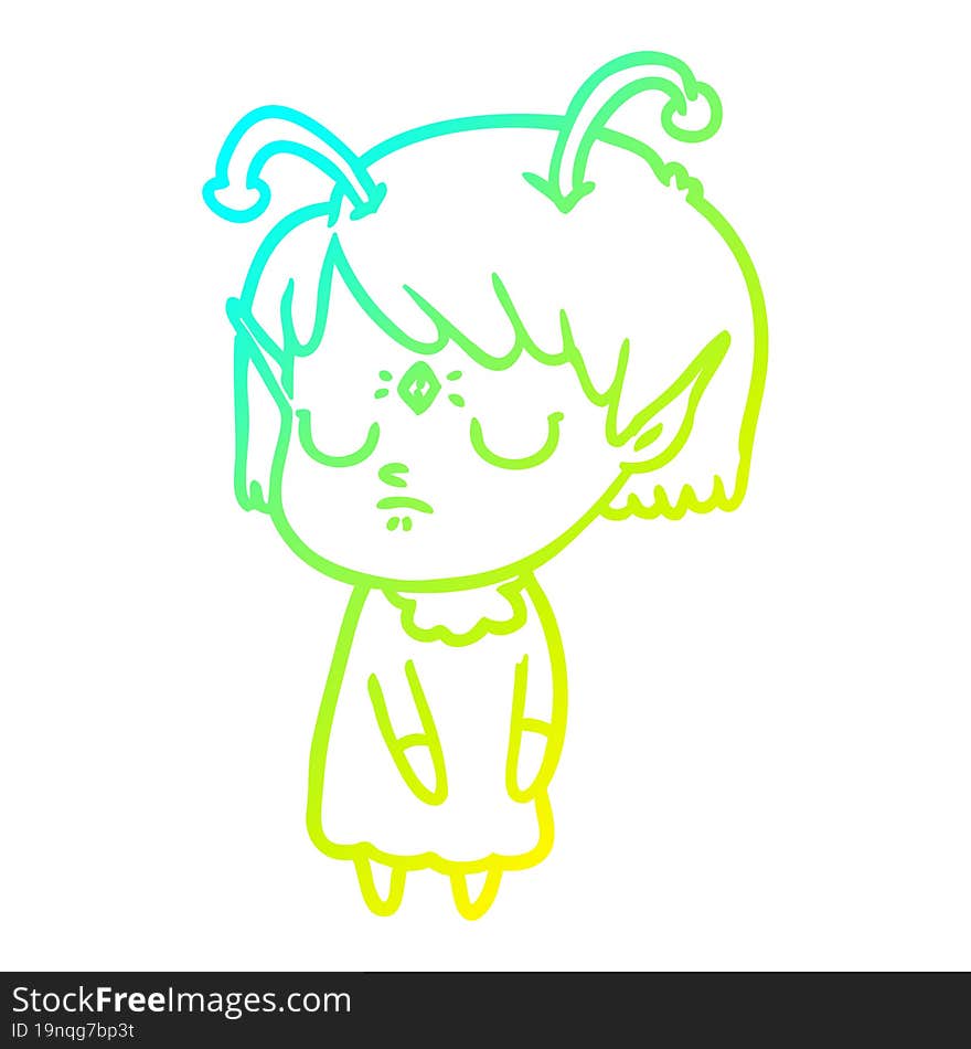 cold gradient line drawing of a cartoon alien girl