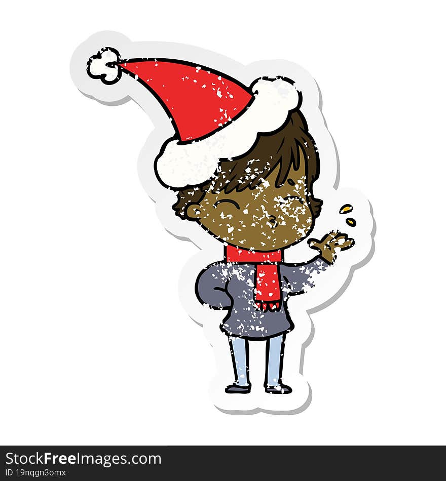 hand drawn distressed sticker cartoon of a woman thinking wearing santa hat
