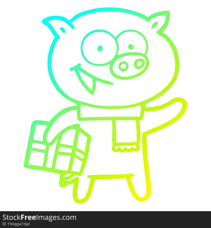 cold gradient line drawing of a cheerful pig with christmas gift