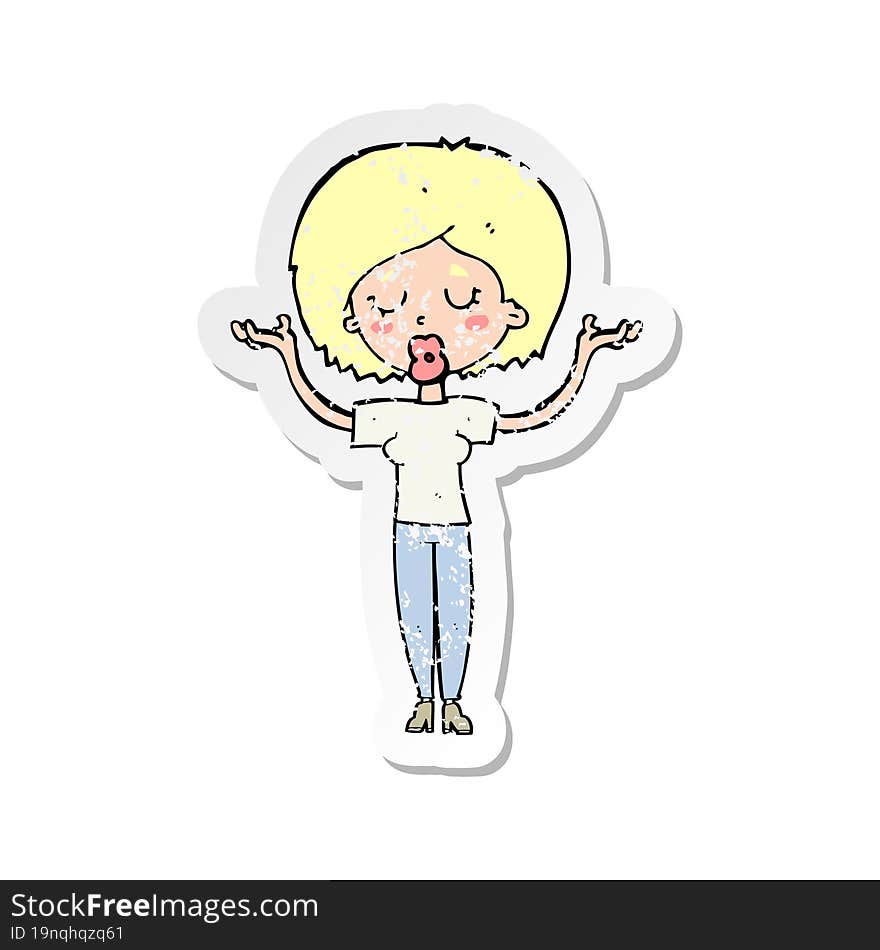 retro distressed sticker of a cartoon peaceful woman