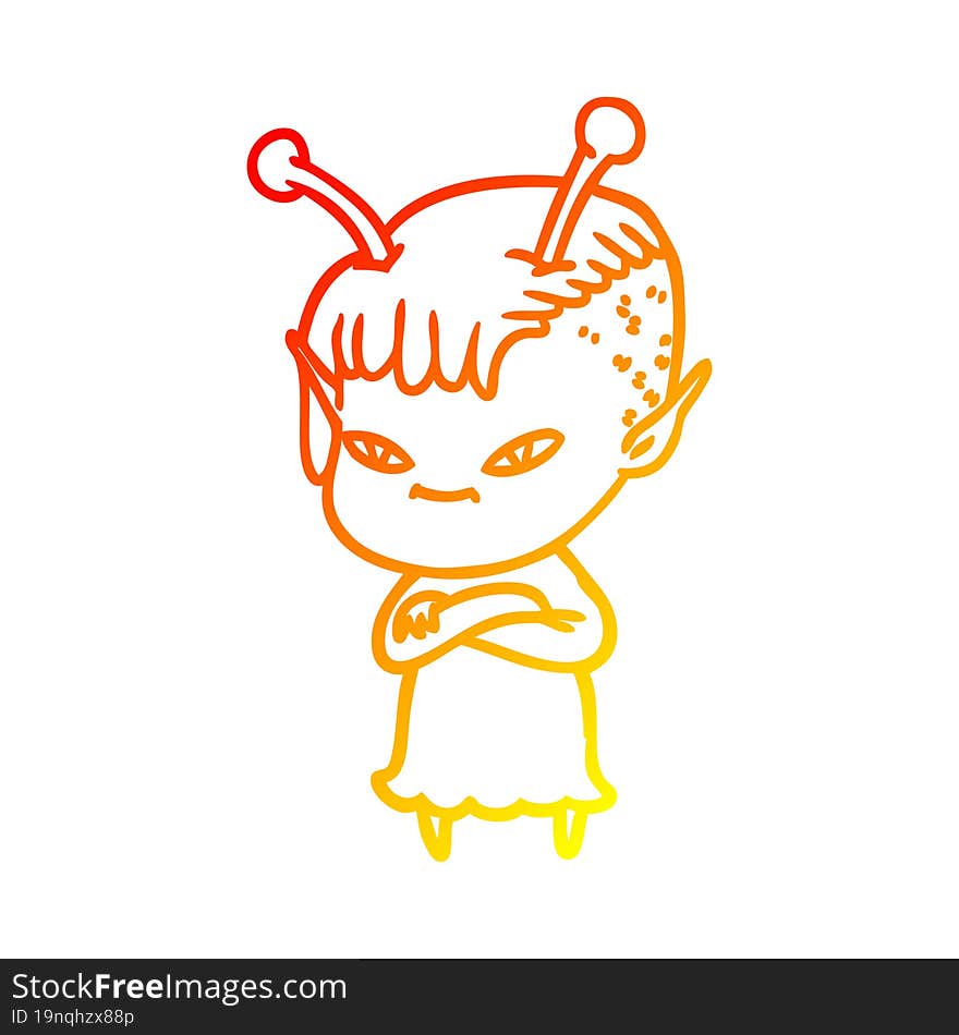 warm gradient line drawing of a cute cartoon alien girl