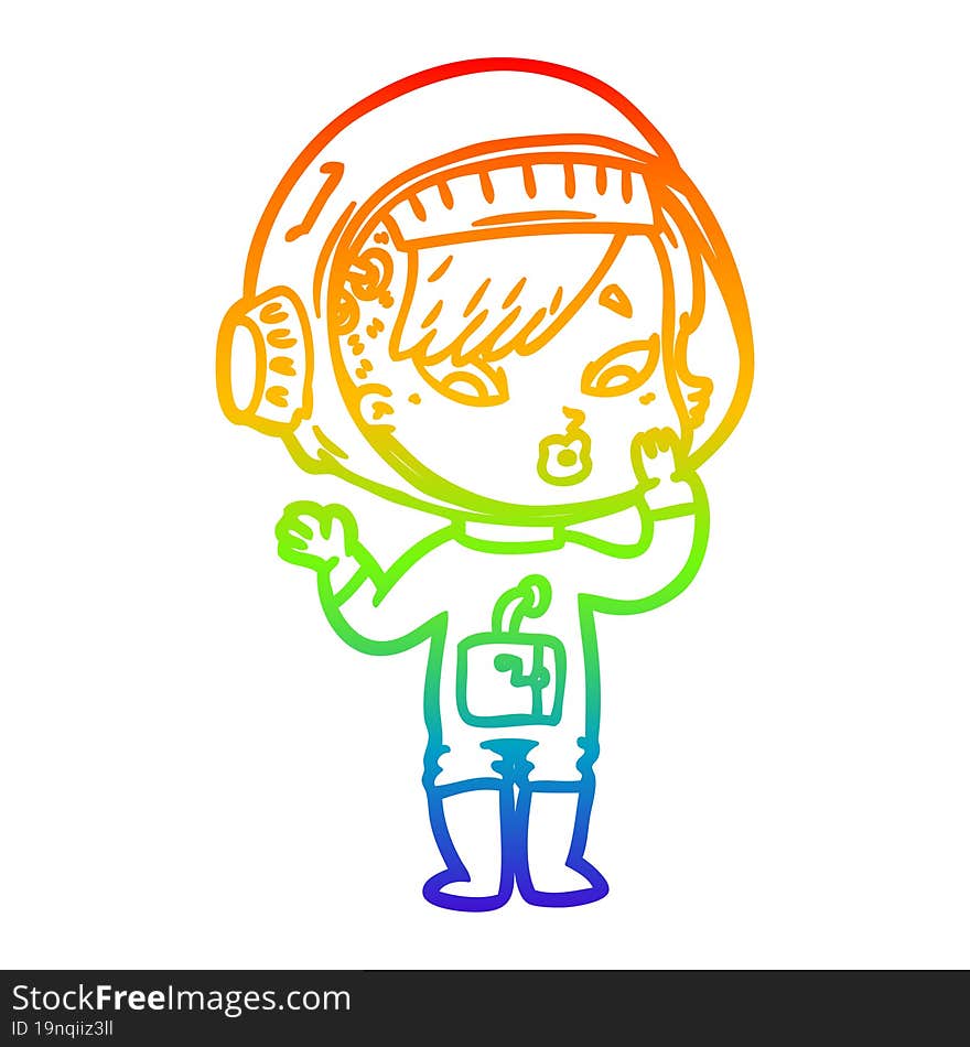 rainbow gradient line drawing of a cartoon astronaut woman