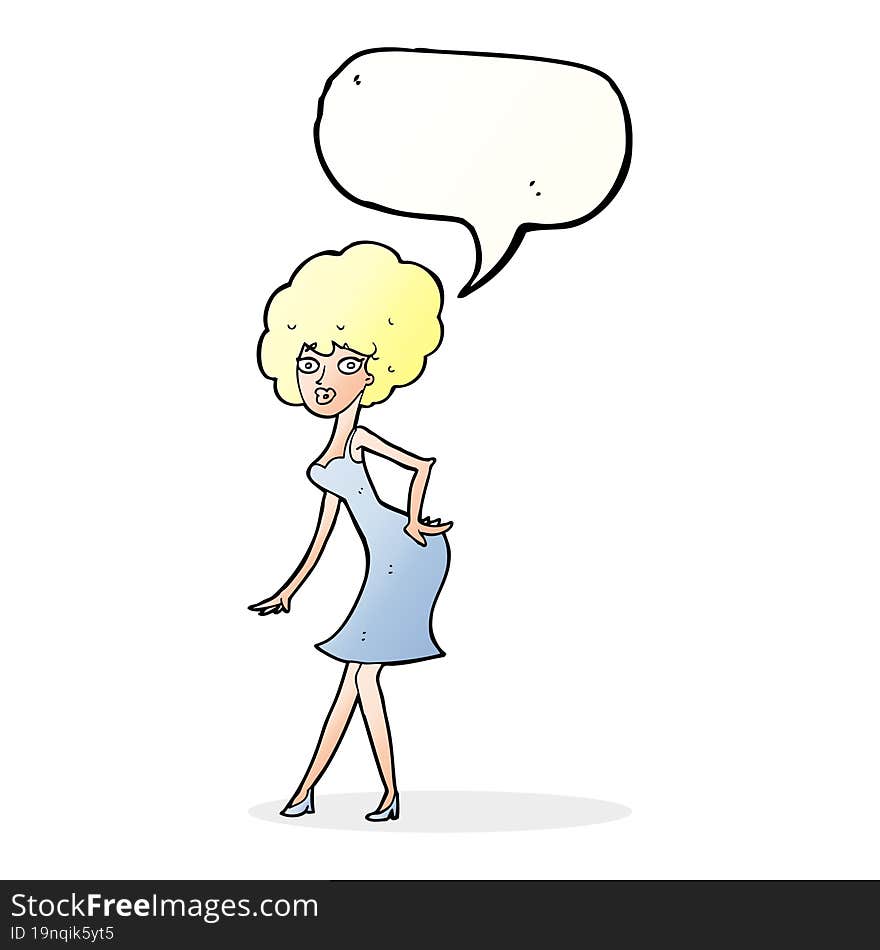 cartoon woman posing in dress with speech bubble