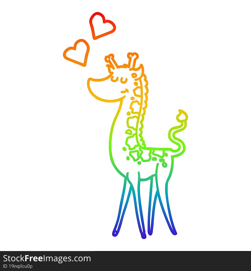 rainbow gradient line drawing of a cartoon giraffe with love heart