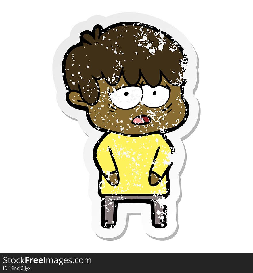 distressed sticker of a cartoon exhausted boy