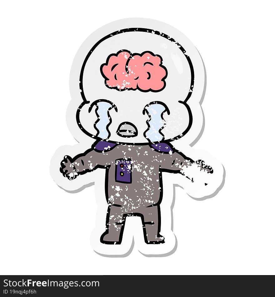 distressed sticker of a cartoon big brain alien crying