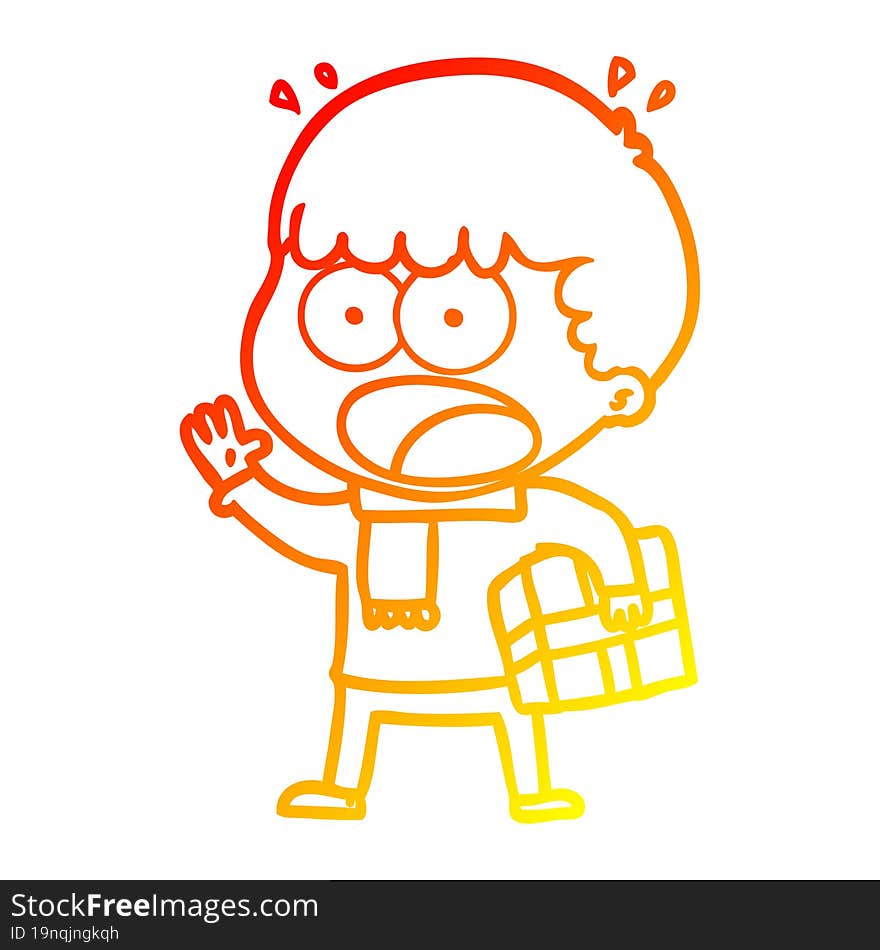 warm gradient line drawing cartoon shocked man with gift