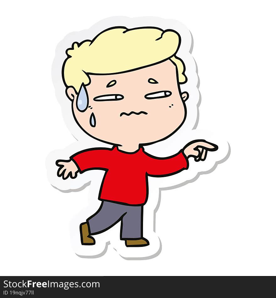 sticker of a cartoon anxious man pointing