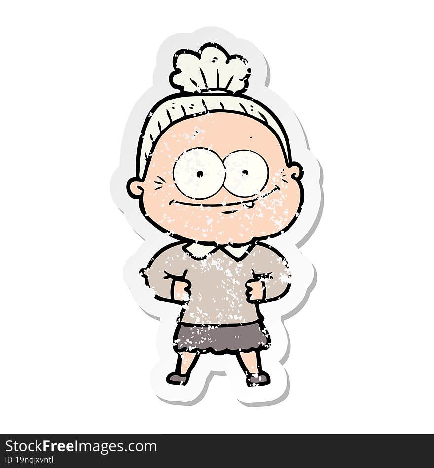 distressed sticker of a cartoon happy old woman